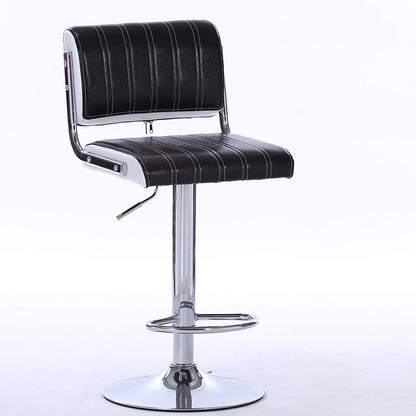 Adjustable Height Bar Stool With Bar Table Set Striped Leather Upholstery Chrome Frame & Stable Disc Base