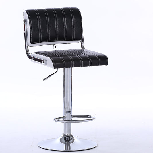 Adjustable Height Bar Stool With Bar Table Set Striped Leather Upholstery Chrome Frame & Stable Disc Base