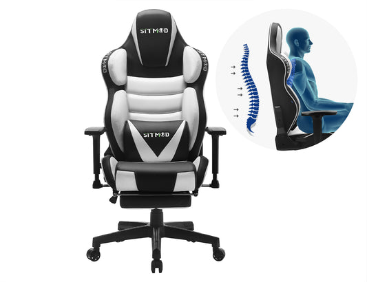 Black-White Ergonomic Gaming Chair Headrest Lumbar Pillow Spine Support Footrest Adjustable for Comfortable Gaming & Office Work Sessions