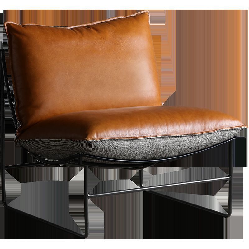 Modern Metal-Frame Armchair Leather & Houndstooth Fabric Contrast Details for Sleek Contemporary Spaces