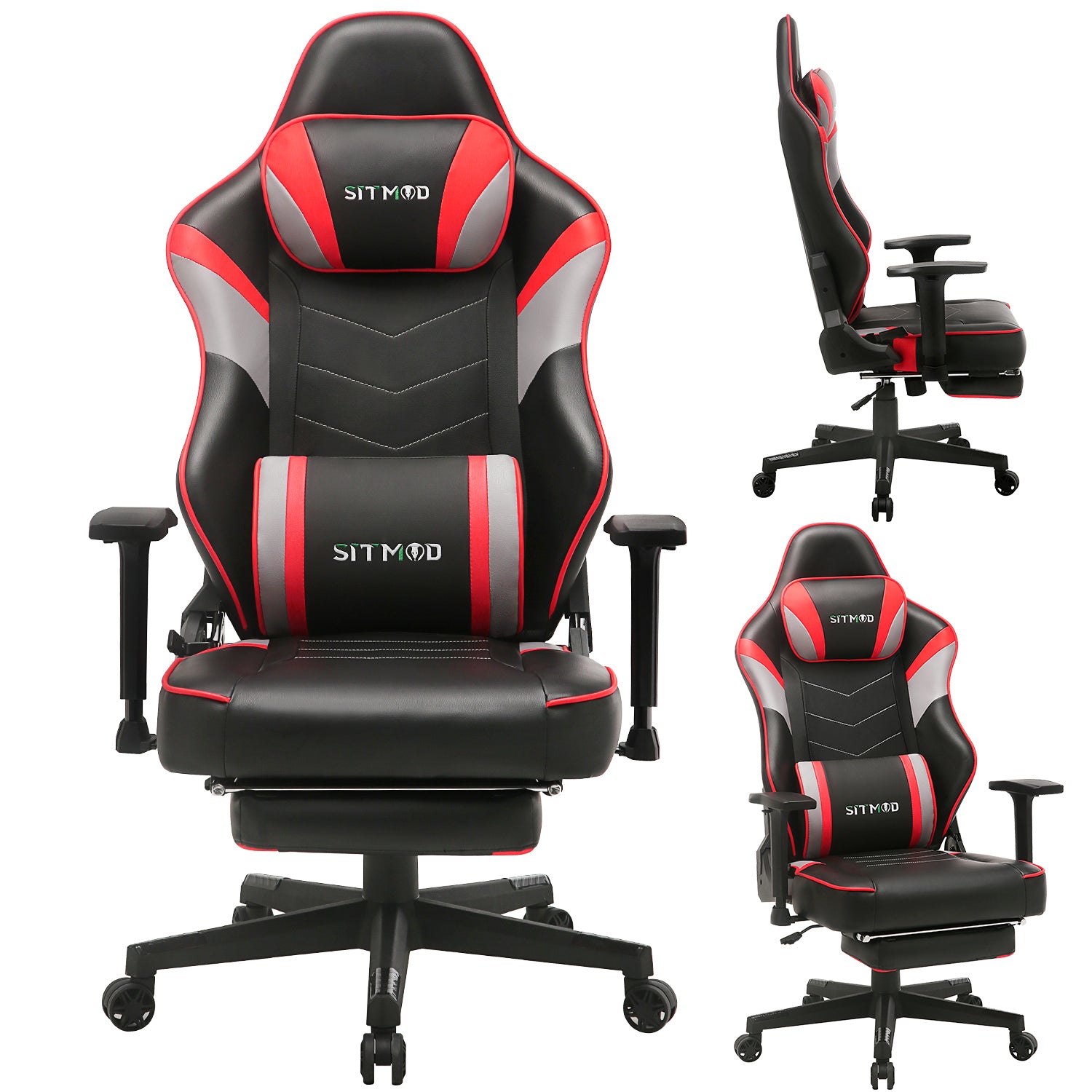 P08-SITMOD Black Leather Gaming Chair: Lumbar Pillow, Footrest, Adjustable Arms, Sturdy Base, Ergonomic Support for Gaming & Office Work Sessions
