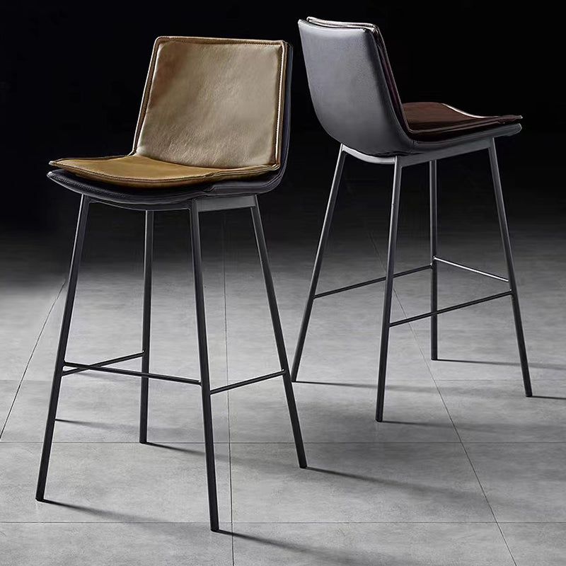 Fixed-Height Leather Bar Stool Retro Textured Upholstery Slim Black Metal Frame for Modern & Luxe Spaces