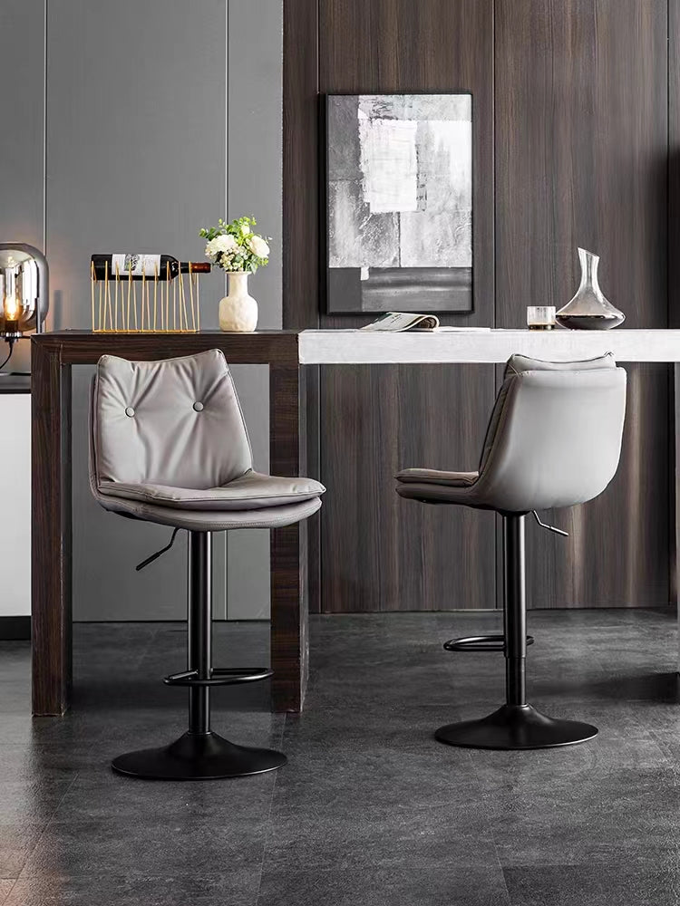 J42 Adjustable Height Bar Stool: Button-Tufted Upholstery, Matte Black Lift Pole & Disc Base