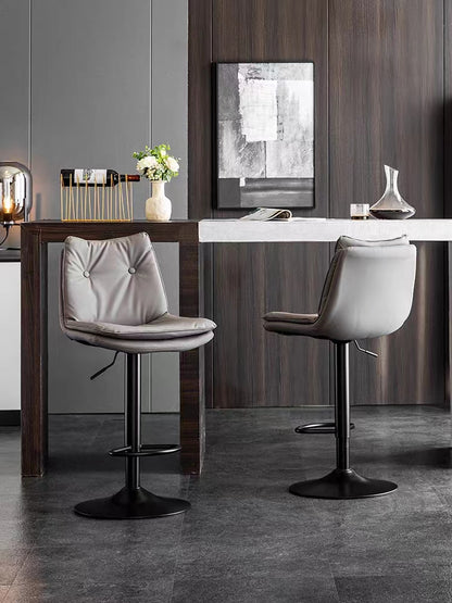 Adjustable Height Bar Stool Button-Tufted Upholstery Matte Black Lift Pole & Disc Base