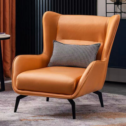 Modern Wingback Armchair Leather/Houndstooth Metal Legs & Optional Ottoman for Luxe Lounges