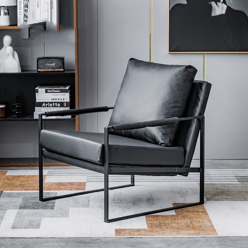 Contemporary Leather Armchair Black Metal Frame Plush Cushions & Pairing Sets for Modern Lounges