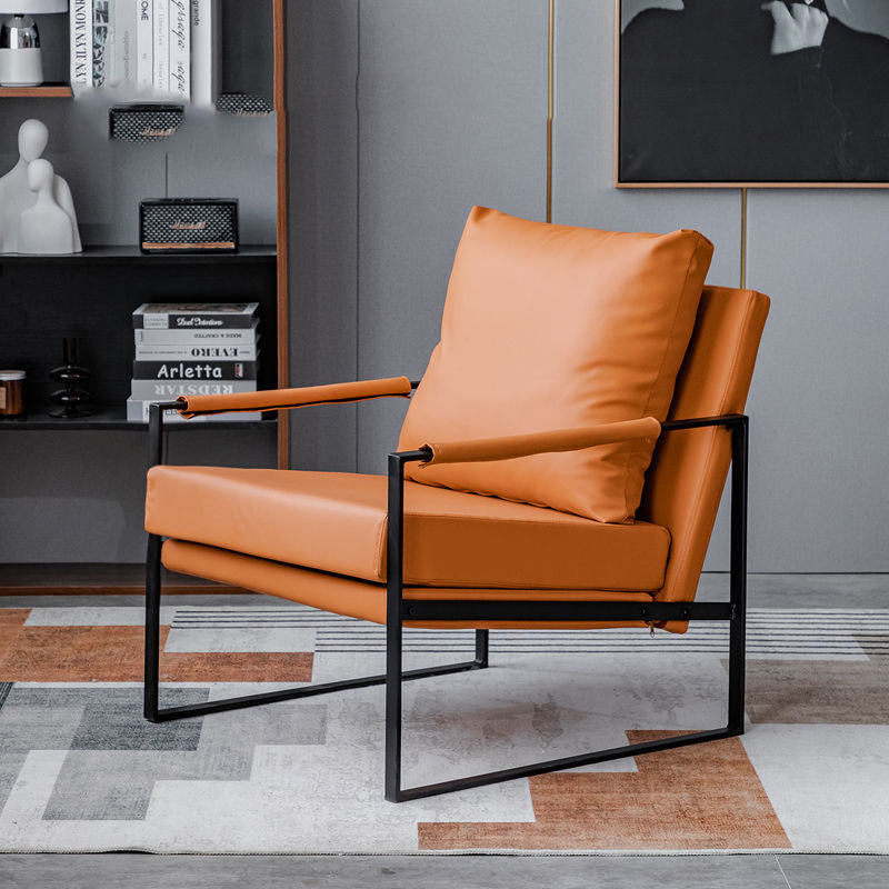 Contemporary Leather Armchair Black Metal Frame Plush Cushions & Pairing Sets for Modern Lounges