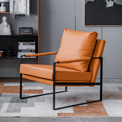 Contemporary Leather Armchair Black Metal Frame Plush Cushions & Pairing Sets for Modern Lounges