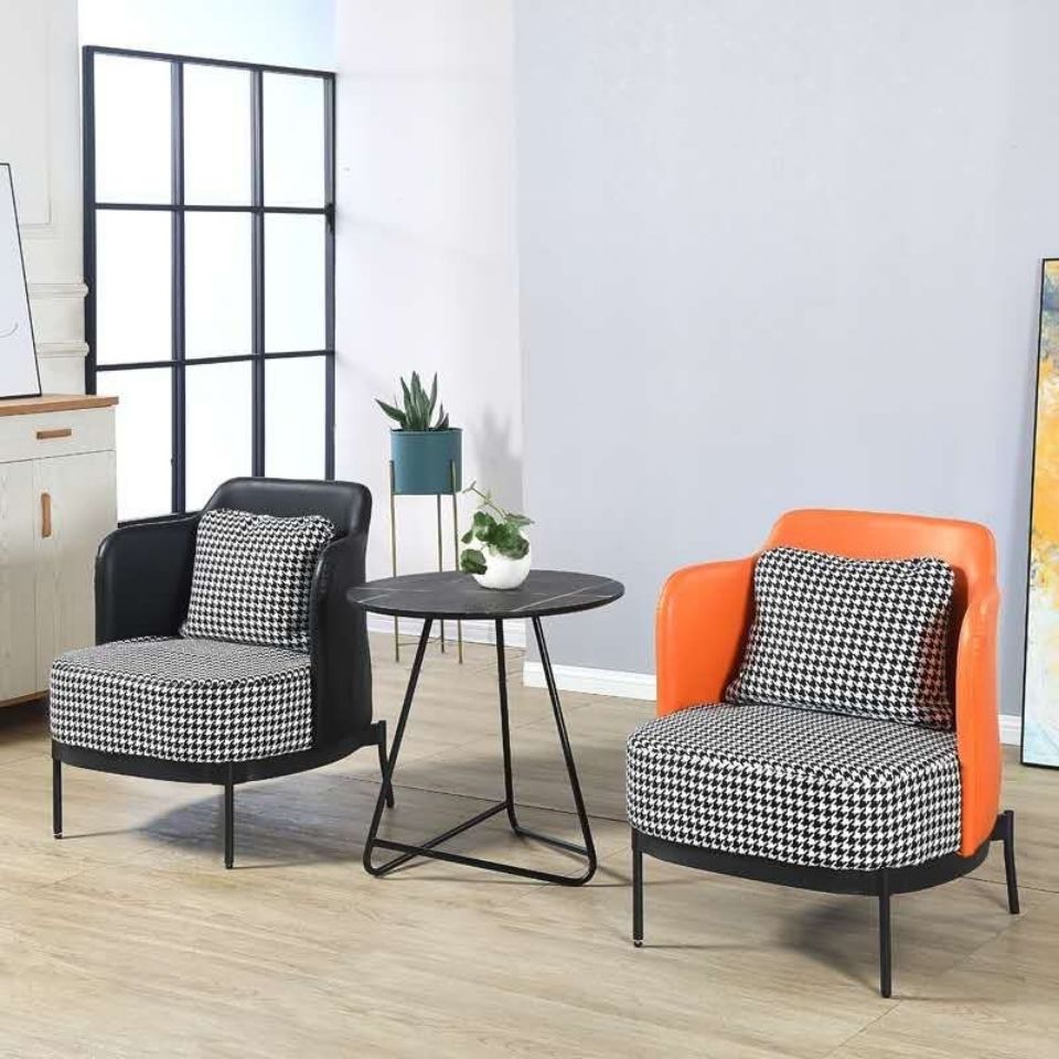 Modern Mixed-Material Armchair Leather & Houndstooth Fabric Black Metal Legs for Stylish Conversation Areas