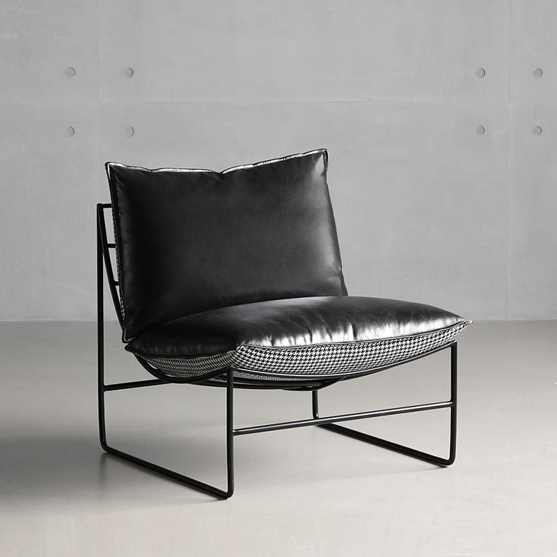Modern Metal-Frame Armchair Leather & Houndstooth Fabric Contrast Details for Sleek Contemporary Spaces