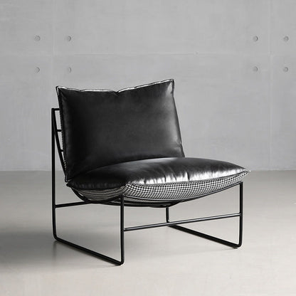 Modern Metal-Frame Armchair Leather & Houndstooth Fabric Contrast Details for Sleek Contemporary Spaces