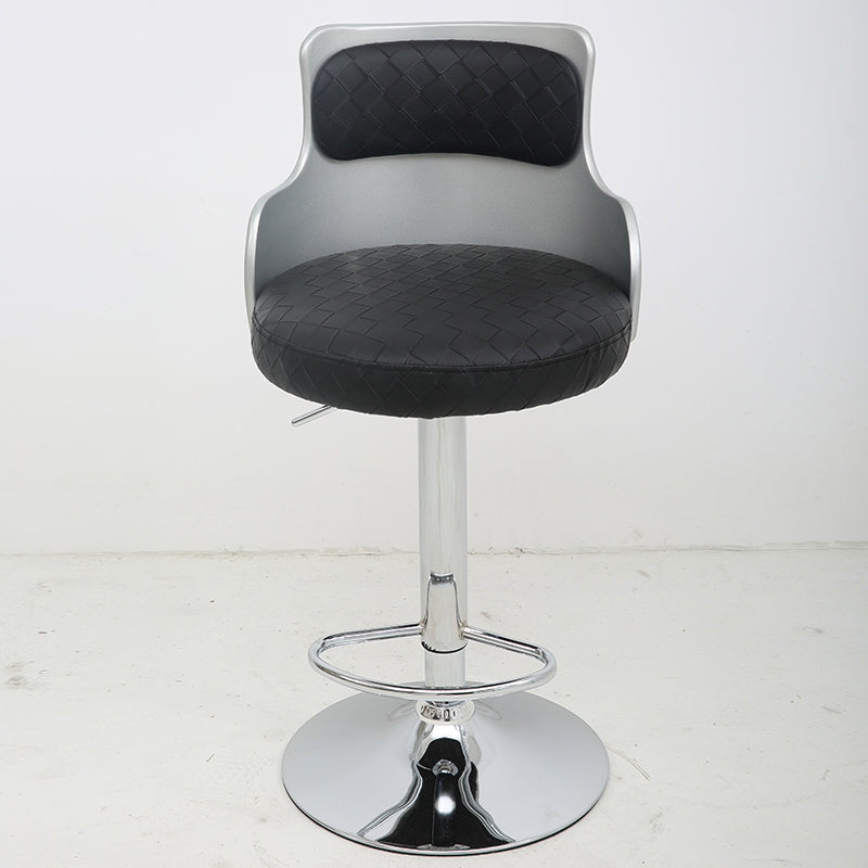 Adjustable Height Bar Stool Woven Leather Cushion Silver Metal Back Frame & Chrome Disc Base