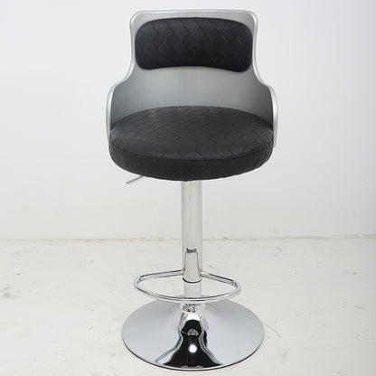 Adjustable Height Bar Stool Woven Leather Cushion Silver Metal Back Frame & Chrome Disc Base