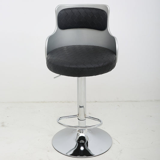 Adjustable Height Bar Stool Woven Leather Cushion Silver Metal Back Frame & Chrome Disc Base