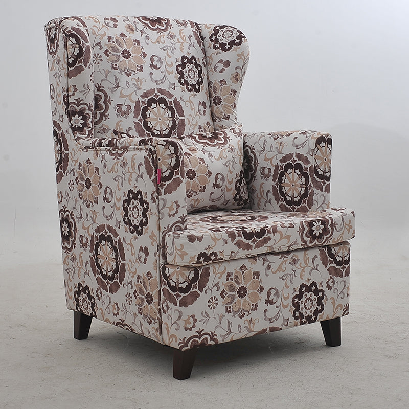 Modern Brown Wingback Armchair: Upholstered Fabric with White Geometric Crackle Pattern, Single Seater for Stylish Living Room/Office Decor