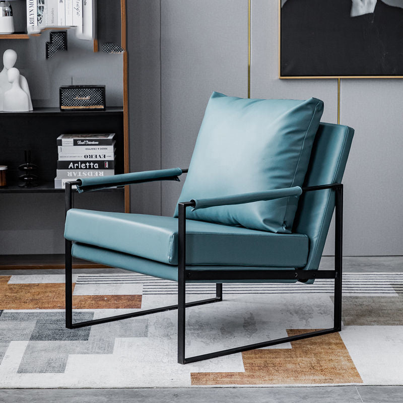 Contemporary Leather Armchair Black Metal Frame Plush Cushions & Pairing Sets for Modern Lounges