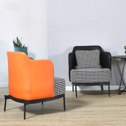 Modern Mixed-Material Armchair Leather & Houndstooth Fabric Black Metal Legs for Stylish Conversation Areas