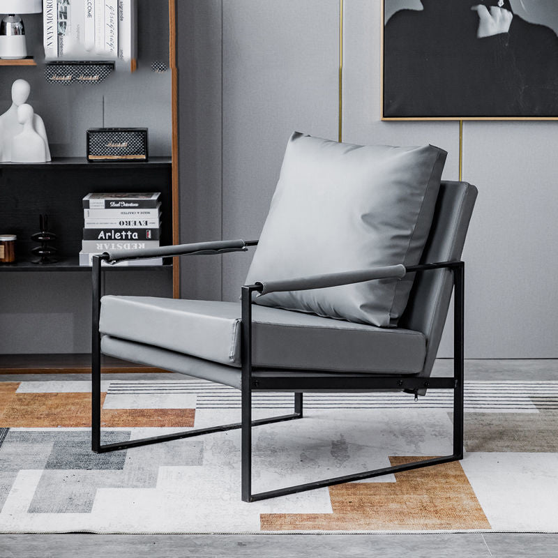 Contemporary Leather Armchair Black Metal Frame Plush Cushions & Pairing Sets for Modern Lounges