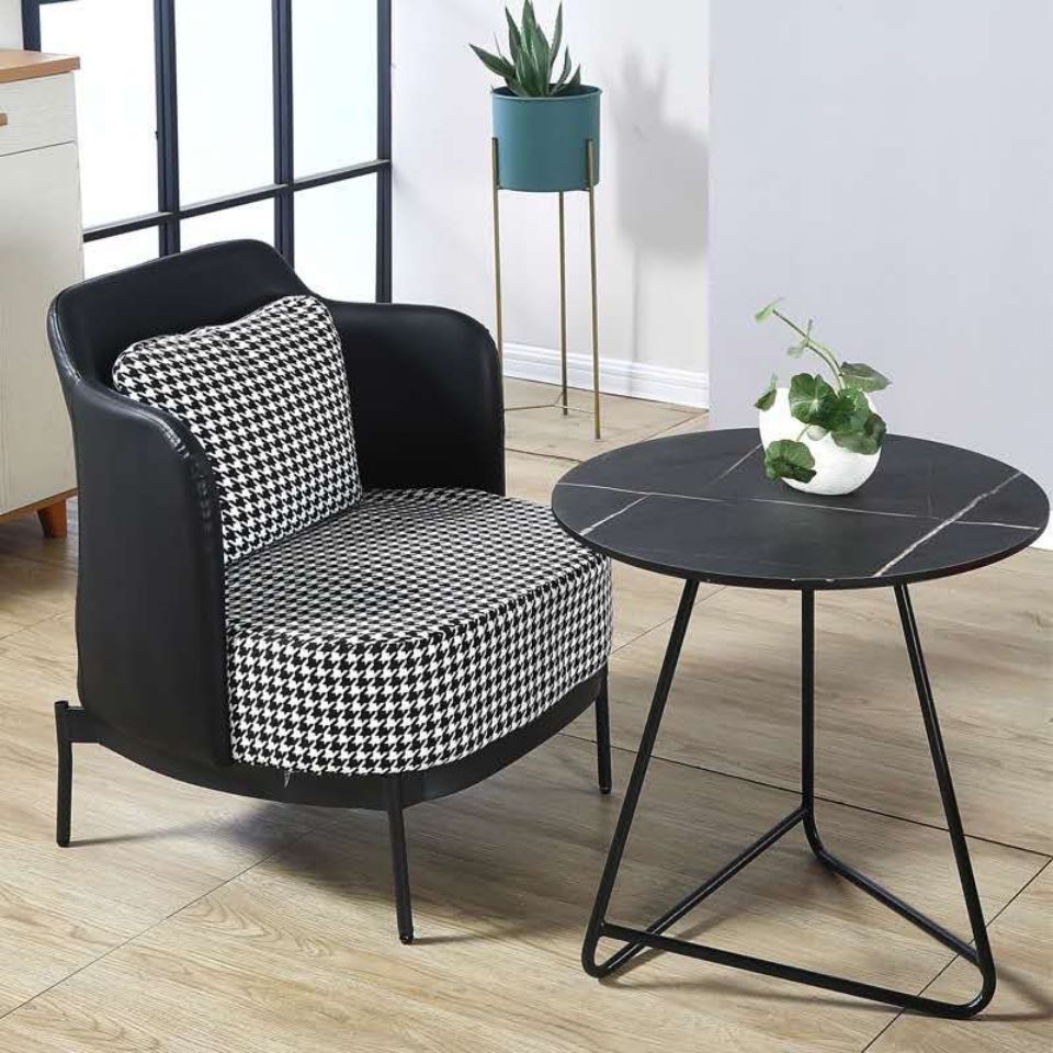 Modern Mixed-Material Armchair Leather & Houndstooth Fabric Black Metal Legs for Stylish Conversation Areas