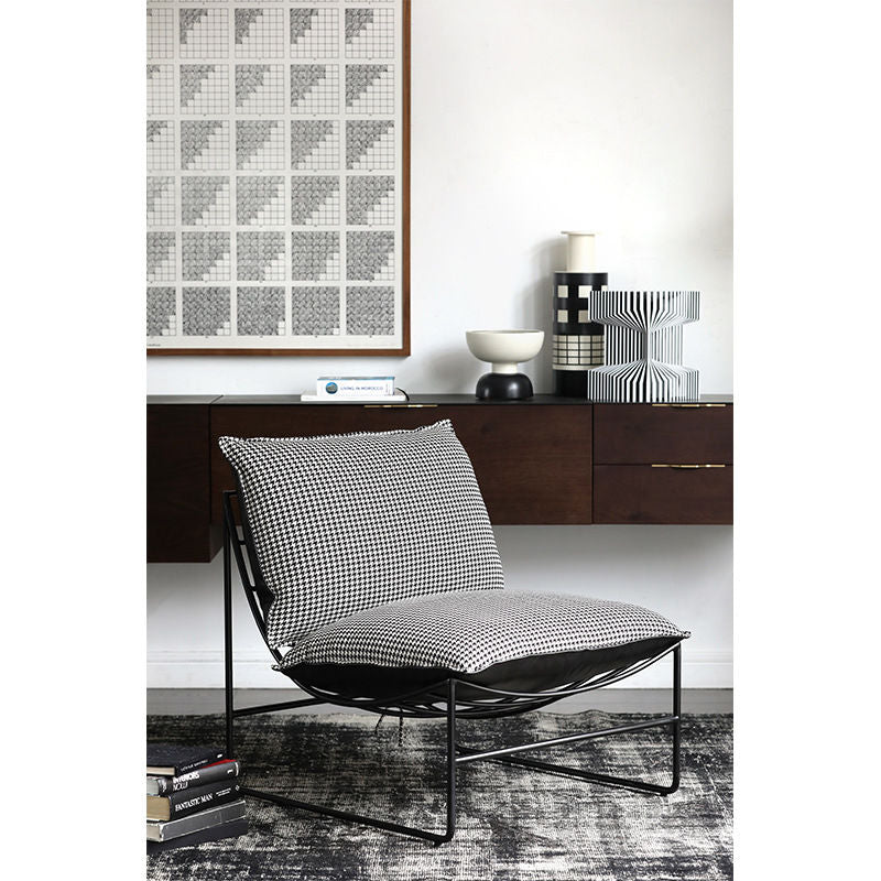 Modern Metal-Frame Armchair Leather & Houndstooth Fabric Contrast Details for Sleek Contemporary Spaces