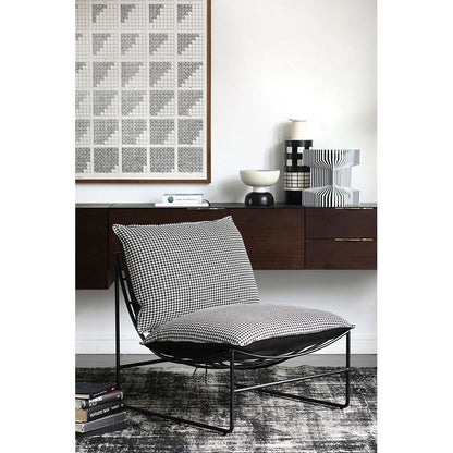 Modern Metal-Frame Armchair Leather & Houndstooth Fabric Contrast Details for Sleek Contemporary Spaces