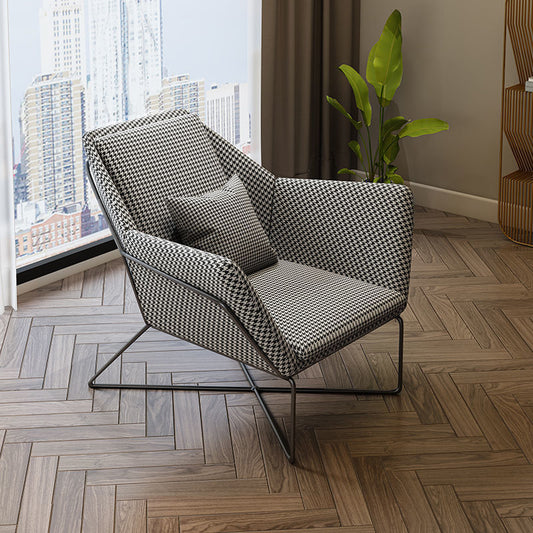 Modern Lounge Armchair Houndstooth Fabric Contrast Leather & Metal Frame with Ottoman Option