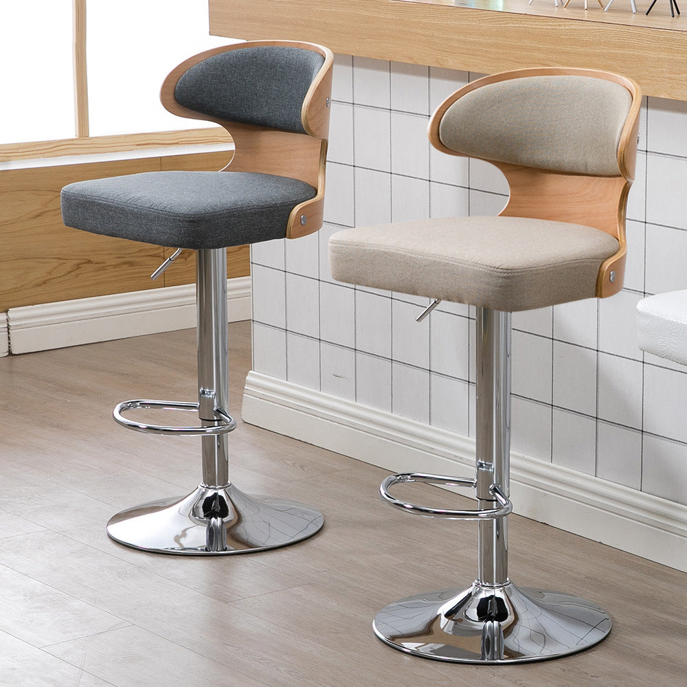 Adjustable Height Bar Stool Curved Bentwood Backrest Dual-Upholstery Cushion & Chrome Disc Base