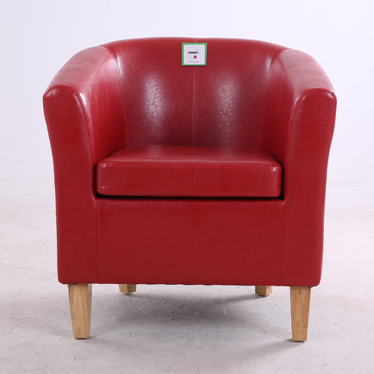Vibrant Red Leather Tub Armchair Sleek Curved Design Sturdy Wooden Legs Single Seater for Living Rooms & Cozy Reading Nooks