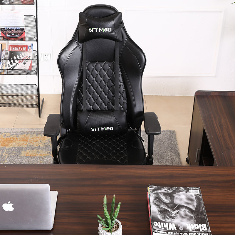 Black Quilted Gaming Chair Headrest, Lumbar Pillow Footrest Sturdy Base Adjustable Ergonomic Support for Gaming & Office Work Sessions