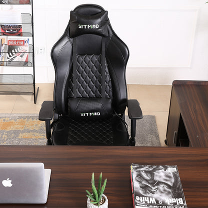 Black Quilted Gaming Chair Headrest, Lumbar Pillow Footrest Sturdy Base Adjustable Ergonomic Support for Gaming & Office Work Sessions