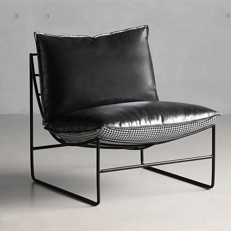 Modern Metal-Frame Armchair Leather & Houndstooth Fabric Contrast Details for Sleek Contemporary Spaces