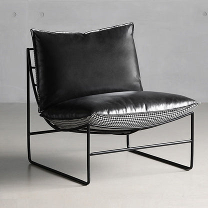 Modern Metal-Frame Armchair Leather & Houndstooth Fabric Contrast Details for Sleek Contemporary Spaces