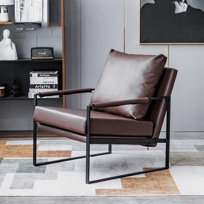Contemporary Leather Armchair Black Metal Frame Plush Cushions & Pairing Sets for Modern Lounges