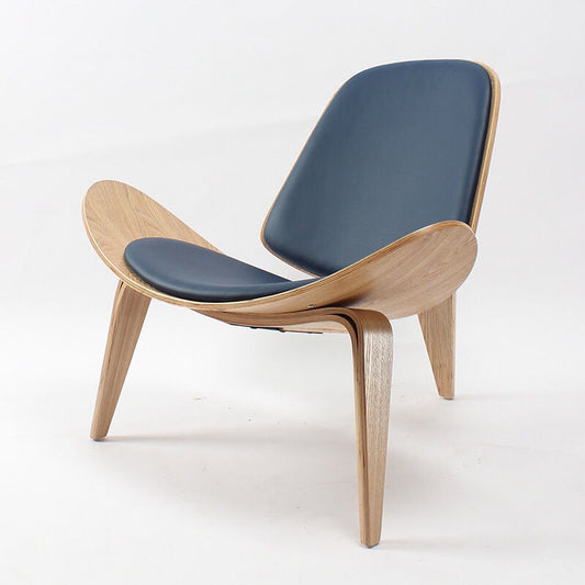 Modern Wooden Lounge Chair with Blue Leather - Sculptural Design for Living Room
