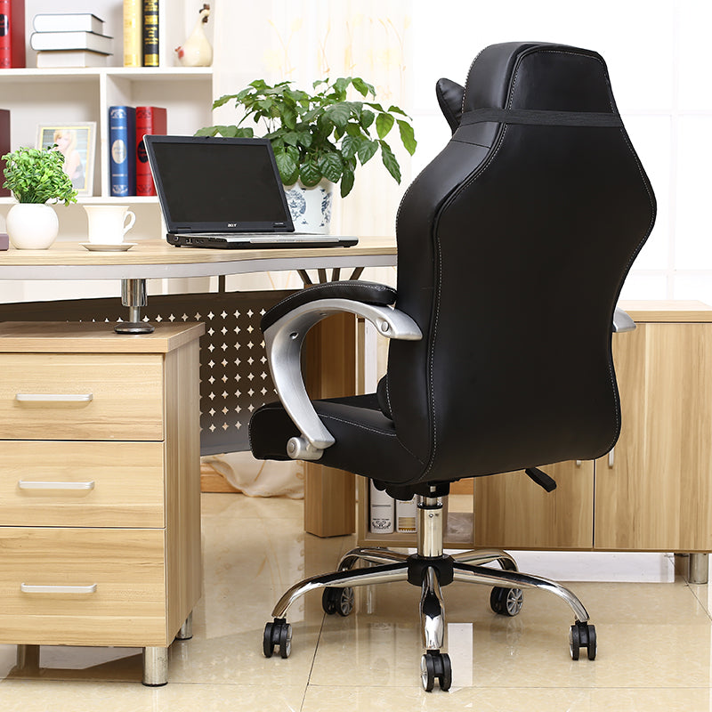 Black Ergonomic Gaming Office Chair: Leather-Mesh Blend, Headrest, Silver Armrests, Smooth Casters, Adjustable for Long Comfortable Gaming & Work Sessions