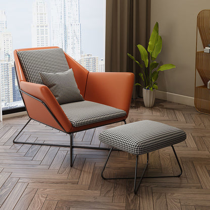 Modern Lounge Armchair Houndstooth Fabric Contrast Leather & Metal Frame with Ottoman Option