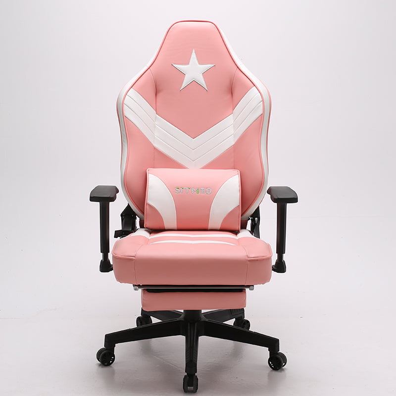 Red-Black-White Gaming Chair with Star Accent Lumbar Pillow Footrest Adjustable Arms Ergonomic Support for Gaming & Office Work Sessions