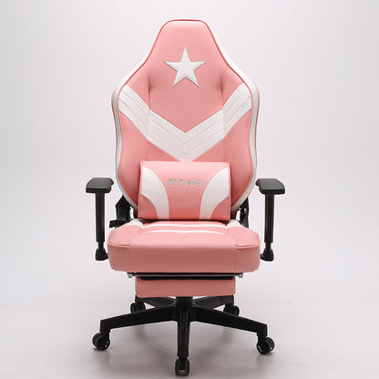 Red-Black-White Gaming Chair with Star Accent Lumbar Pillow Footrest Adjustable Arms Ergonomic Support for Gaming & Office Work Sessions