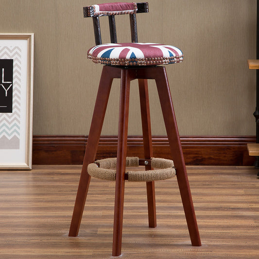 Retro Wooden-Leg Bar Stool Rivet-Decorated Backrest Hemp Footrest for Vintage/American-Style Spaces