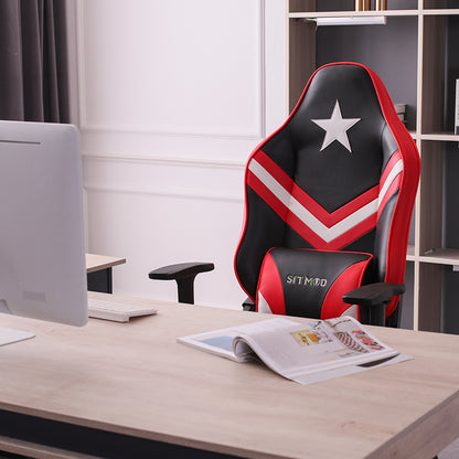 Red-Black-White Gaming Chair with Star Accent Lumbar Pillow Footrest Adjustable Arms Ergonomic Support for Gaming & Office Work Sessions