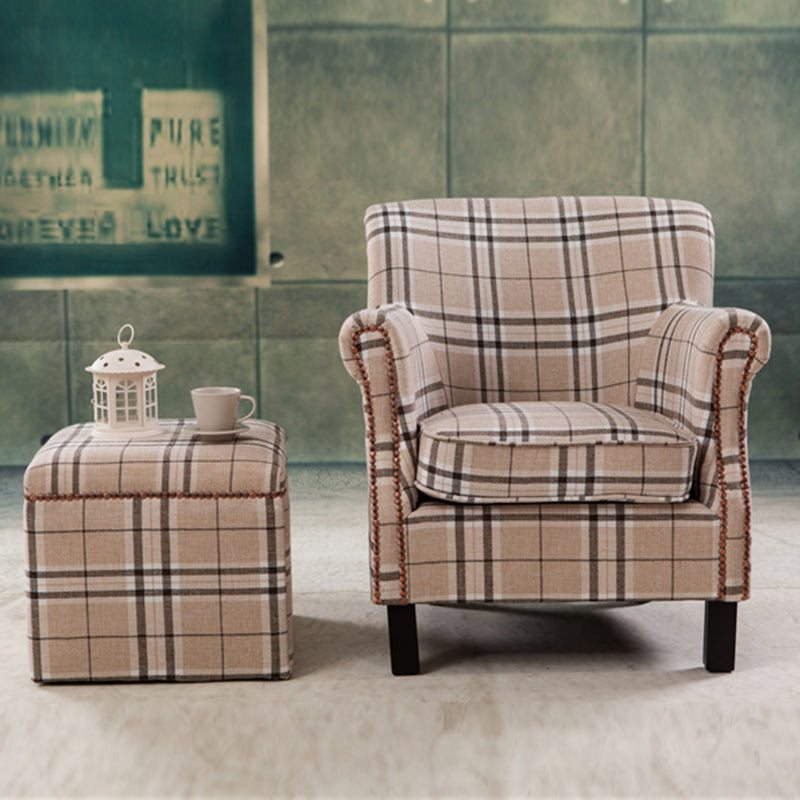 Chic Plaid Wingback Armchair & Ottoman Set: Beige-Brown Check Fabric, Rivet Trim for Stylish Cozy Living Room Reading Nooks
