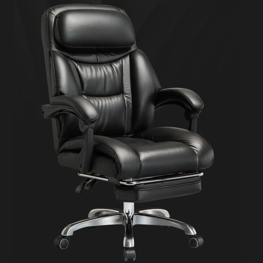 B08-Black Leather High-Back Executive Office Chair: Footrest, Chrome Casters, Ergonomic Support for Work, Relaxation & Cozy Luxurious Lounging Daily Sessions