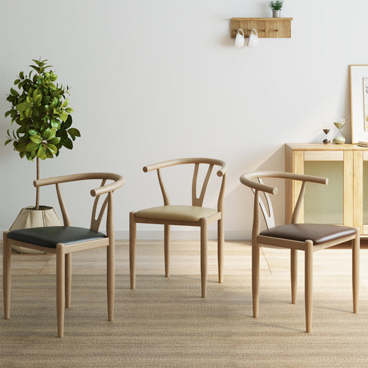 Nordic Classic Solid Wood Dining Chair Curved Armrest Multi-Wood Tones & Leather Cushion