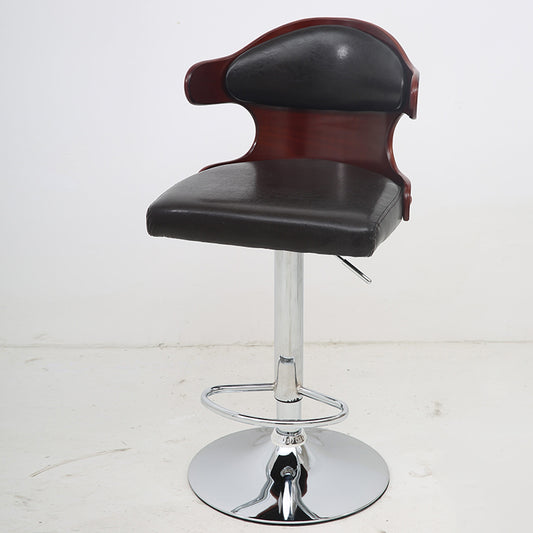 Adjustable Height Bar Stool Sculpted Bentwood Backrest Plush Leather Cushion & Chrome Disc Base