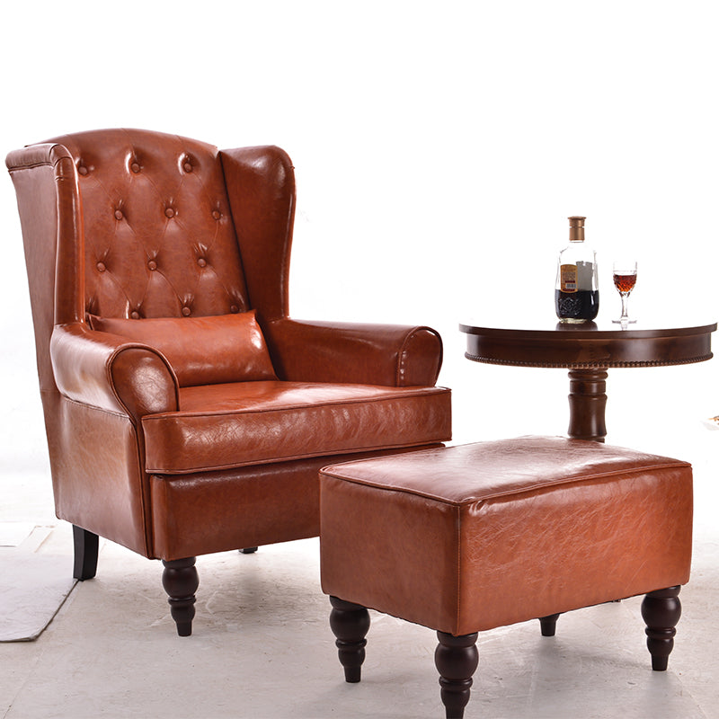 Vintage Brown Leather Wingback Armchair with Ottoman Classic Tufted Design for Living Room