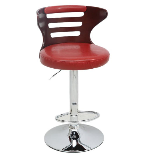 Adjustable Height Bar Stool Slatted Bentwood Backrest Color-Blocked Leather Cushion & Chrome Disc Base