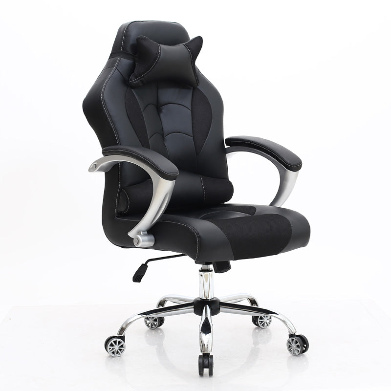 Black Ergonomic Gaming Office Chair: Leather-Mesh Blend, Headrest, Silver Armrests, Smooth Casters, Adjustable for Long Comfortable Gaming & Work Sessions
