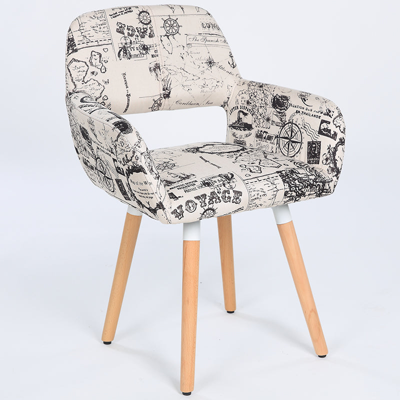 Casual Upholstered Dining Chair Versatile Fabric Prints Armrest Design & Wooden Legs for Lively Spaces