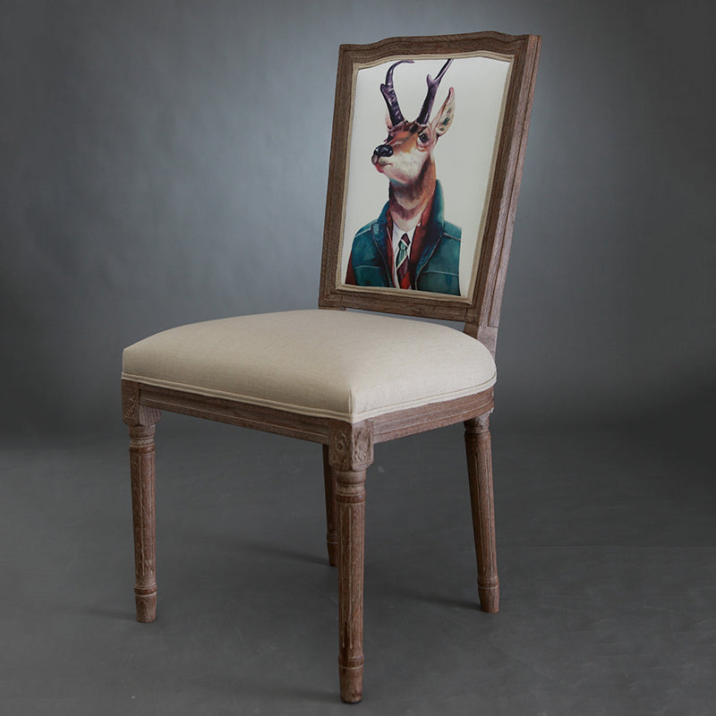 C-03 Vintage Wooden Chair with Deer Illustration - Upholstered Seat for Dining/Living Room