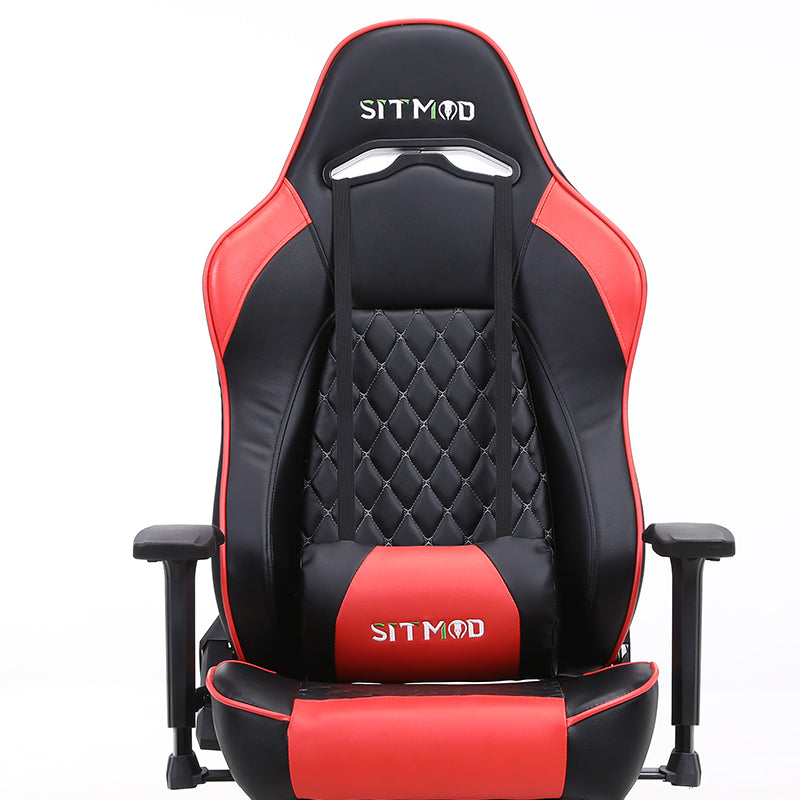 Black Quilted Gaming Chair Headrest, Lumbar Pillow Footrest Sturdy Base Adjustable Ergonomic Support for Gaming & Office Work Sessions